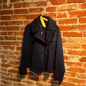 Ann Taylor Blue Peacoat with Wide Collar and Hip-Length Design